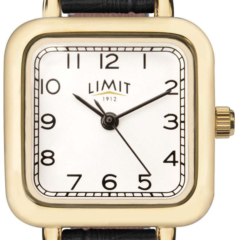 aviator vintage women's gold bezel black pu leather strap analogue wristwatch face detail